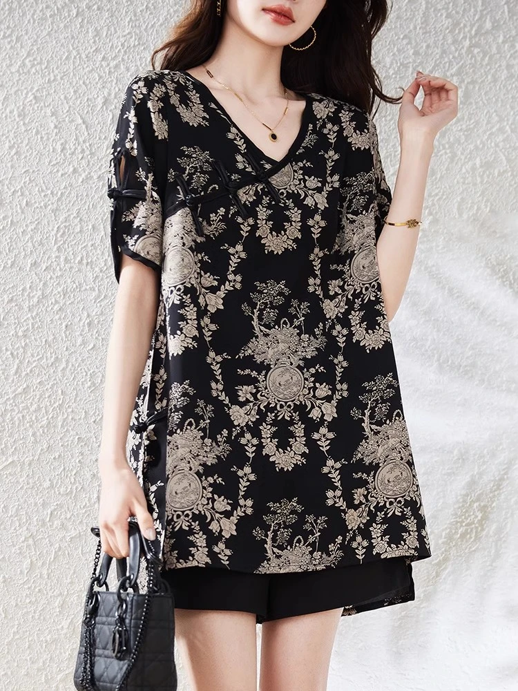 9230#夏季新款中袖雪纺衫女宽松减龄薄款印花百搭中长款上衣