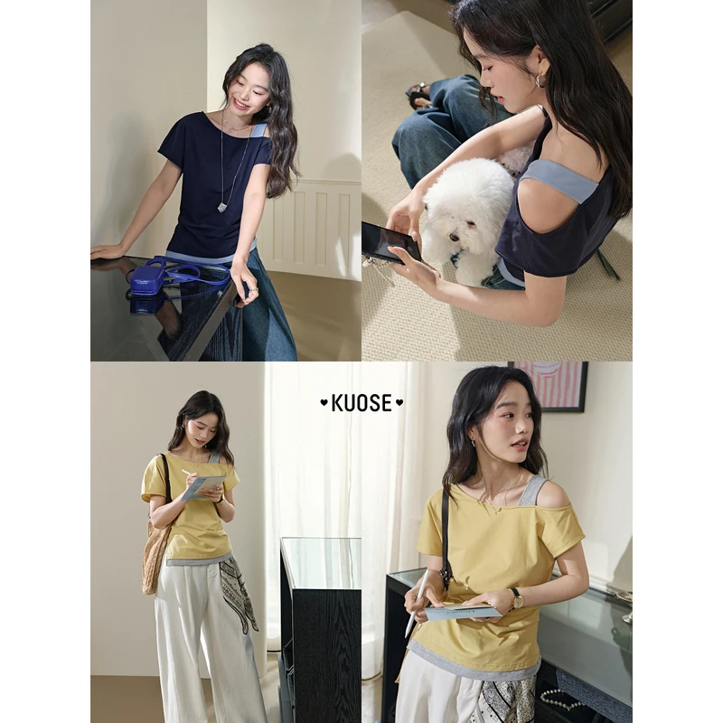 阔色粉色假两件斜肩短袖T恤女2025春夏季新款灰色运动KSD2503045