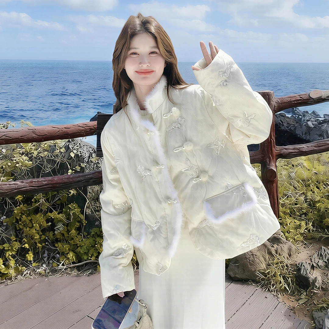 新中式国风刺绣白鸭绒羽绒服外套女冬短款薄款气质温柔风甜美减龄