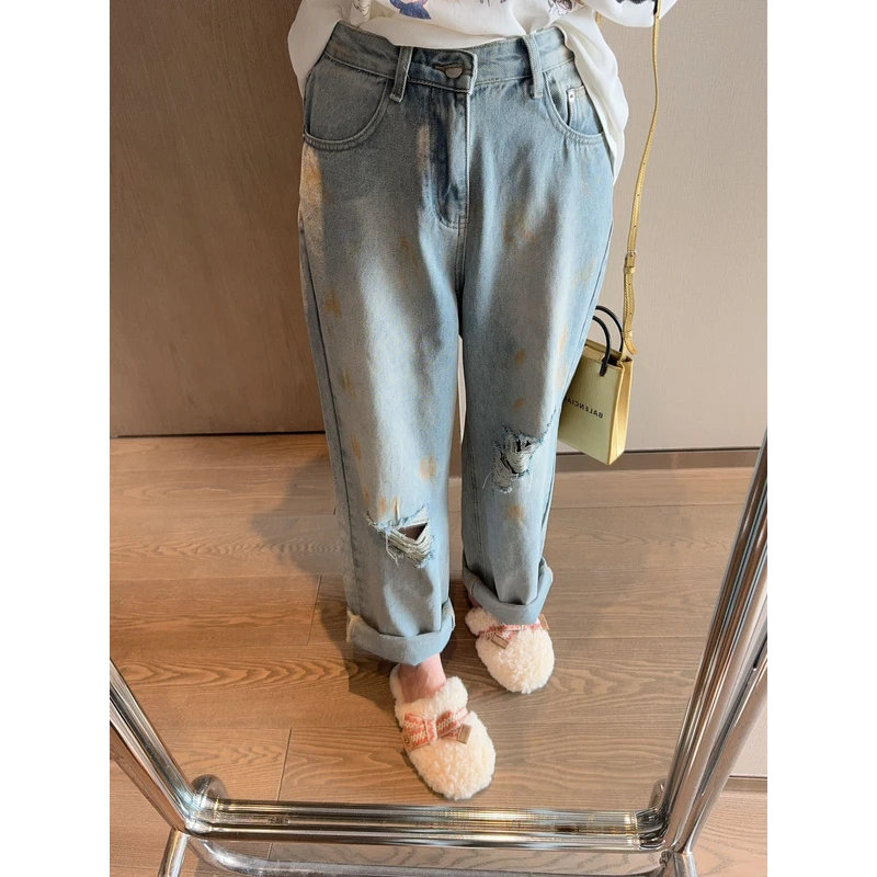 【张静芝】水洗做旧破洞脏脏设计感牛仔裤