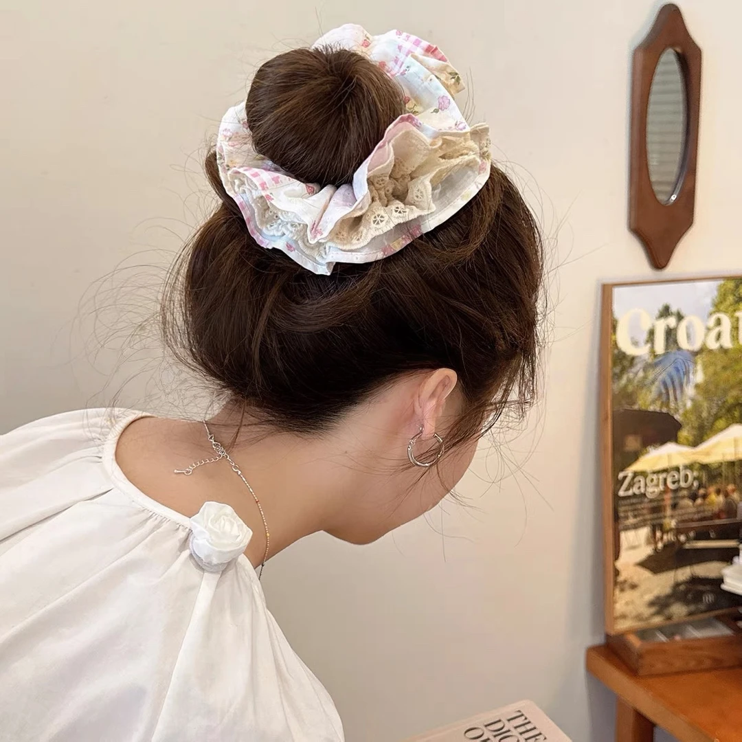 粉色碎花奶米色蕾丝发圈2025新低马尾盘发大肠圈