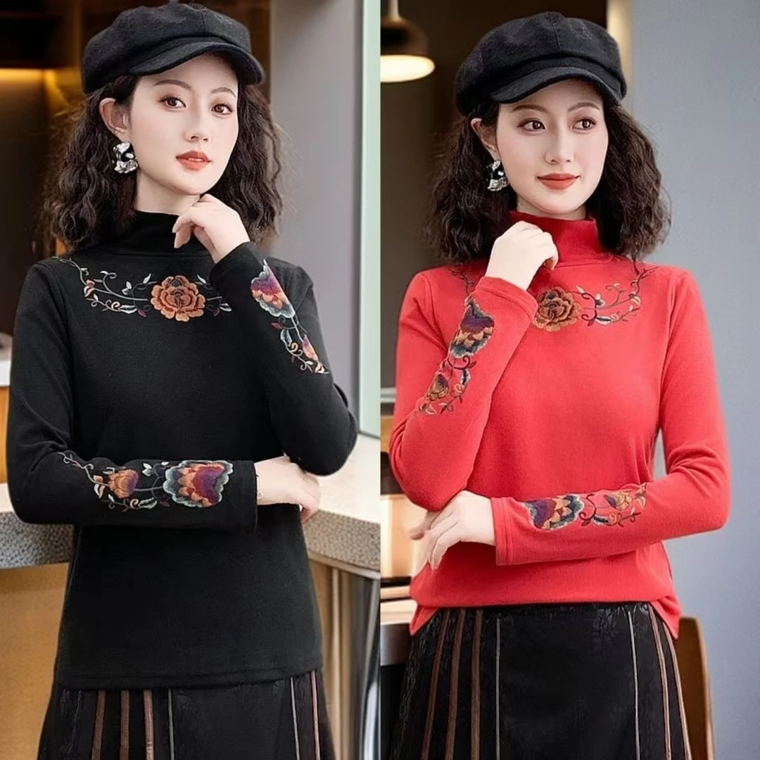 秋冬新款民族中式重工刺绣绣花上衣半高领复古高领百搭长袖打底衫
