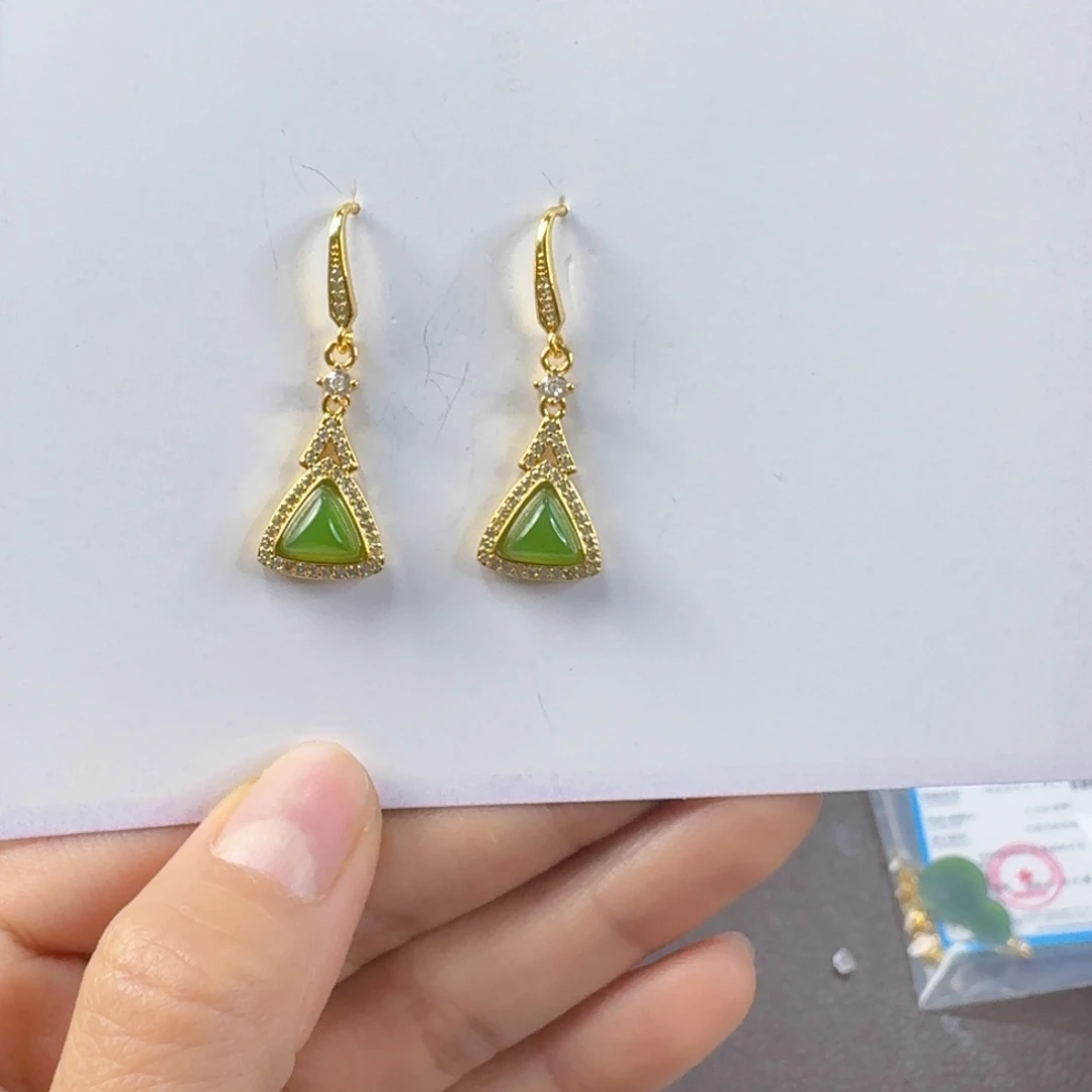 银S925镶嵌和田玉（碧玉）耳饰