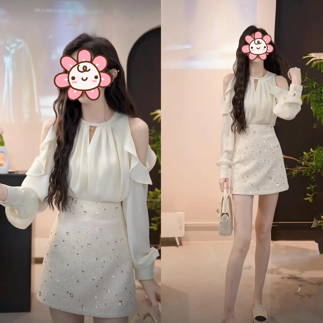 财阀千金女装2025春季高级感圆领钉珠露肩衬衫高腰亮片短裙两件套