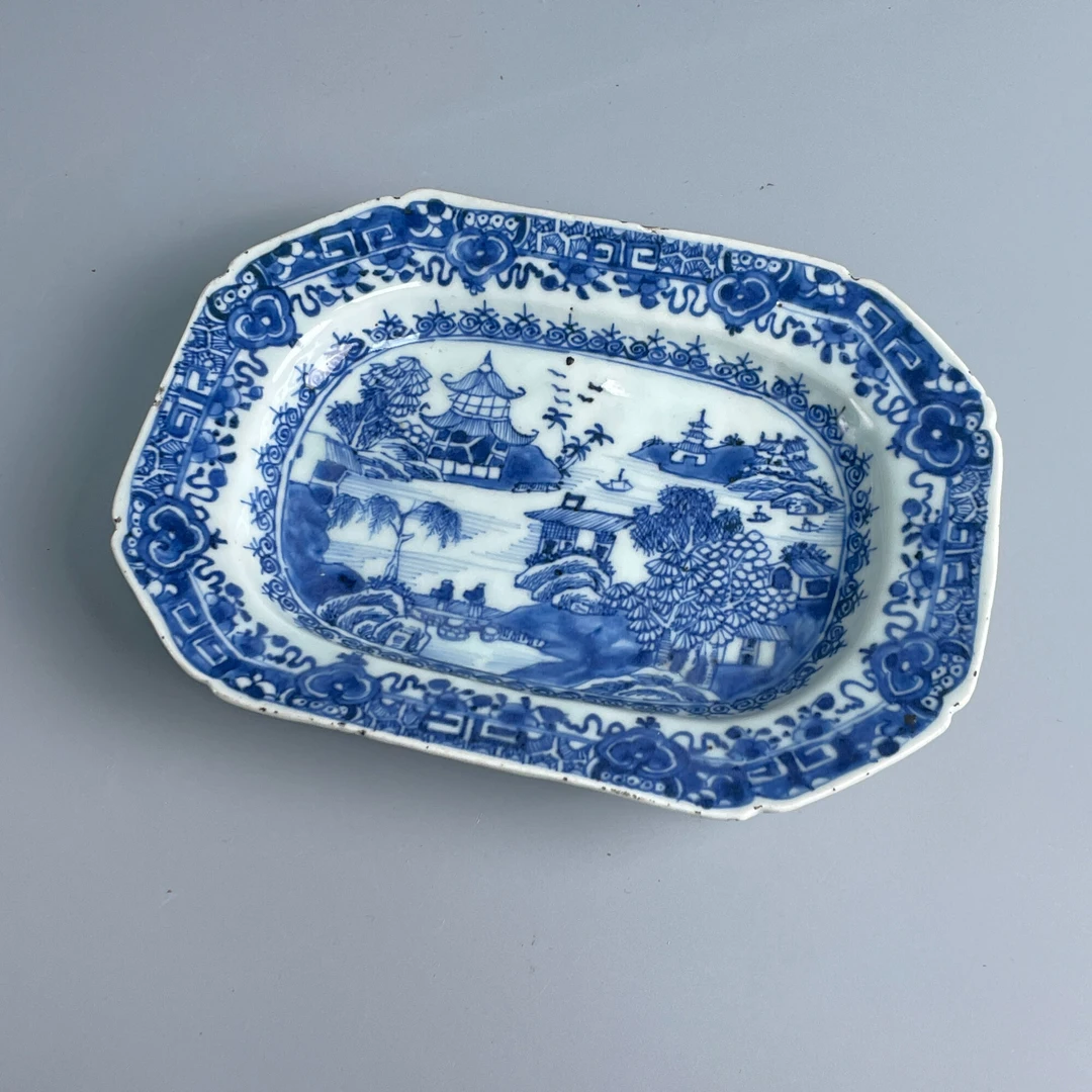 瓷器/古董乾隆青花山水楼阁方盘M25CH005F28古玩/收藏/文物绣花张