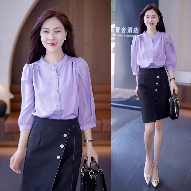 拉夏贝尔夏季新款时尚套装雪纺七分袖衬衫显瘦半身裙女法式两件套