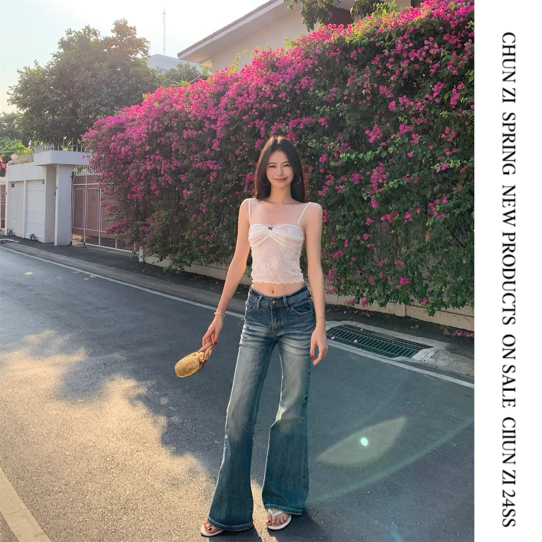 【CHUN ZI】低腰紧身牛仔裤女春夏复古蓝水洗磨白休闲微喇叭裤子