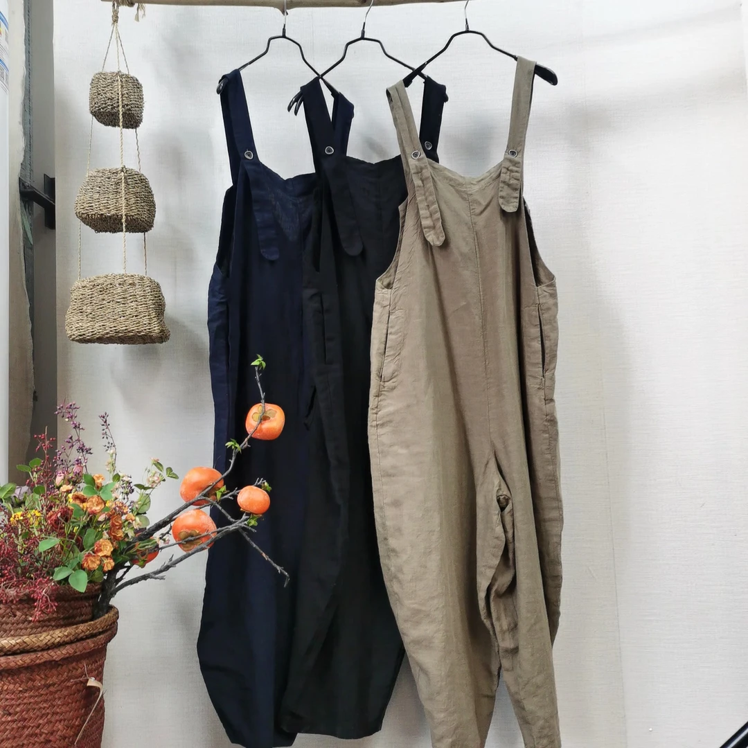 儒品素衣25103亚麻百搭爆款背带裤