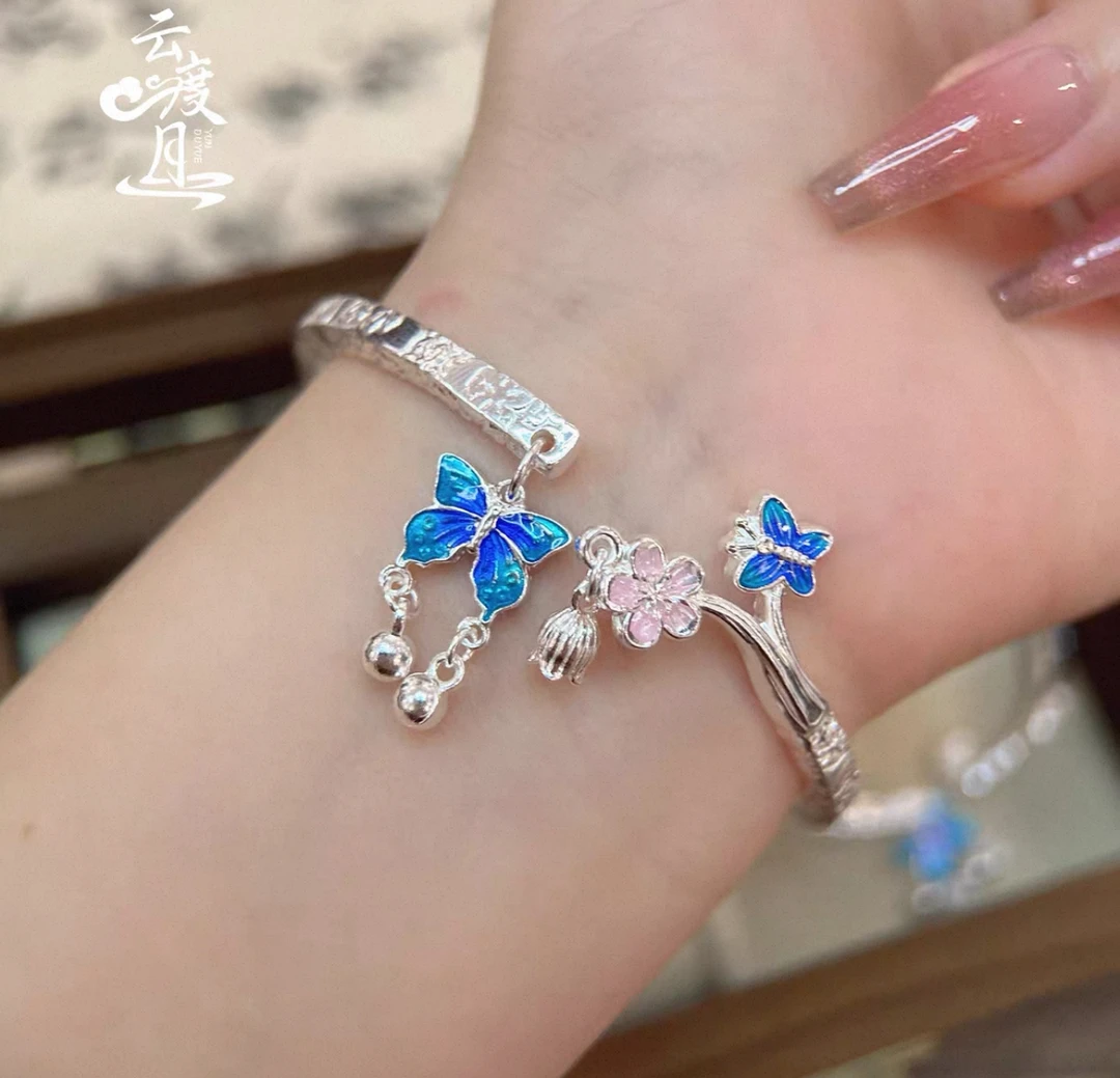 足银手镯 珐琅彩吉言开口蝶恋花手镯