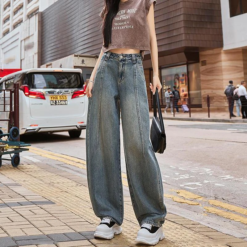 2025春夏季新款高腰镰刀牛仔裤女宽松垂感怀旧风阔腿弯刀裤子