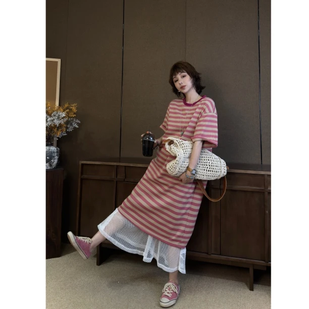 HY1987罗罗简约慵懒风长款T恤裙夏季遮肉休闲连衣裙中长款显瘦