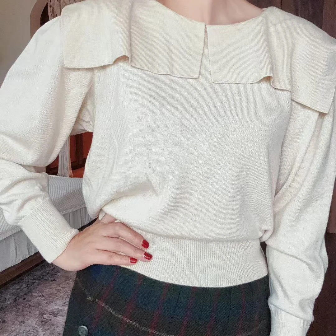 罗兰/米色海军领毛针织衫