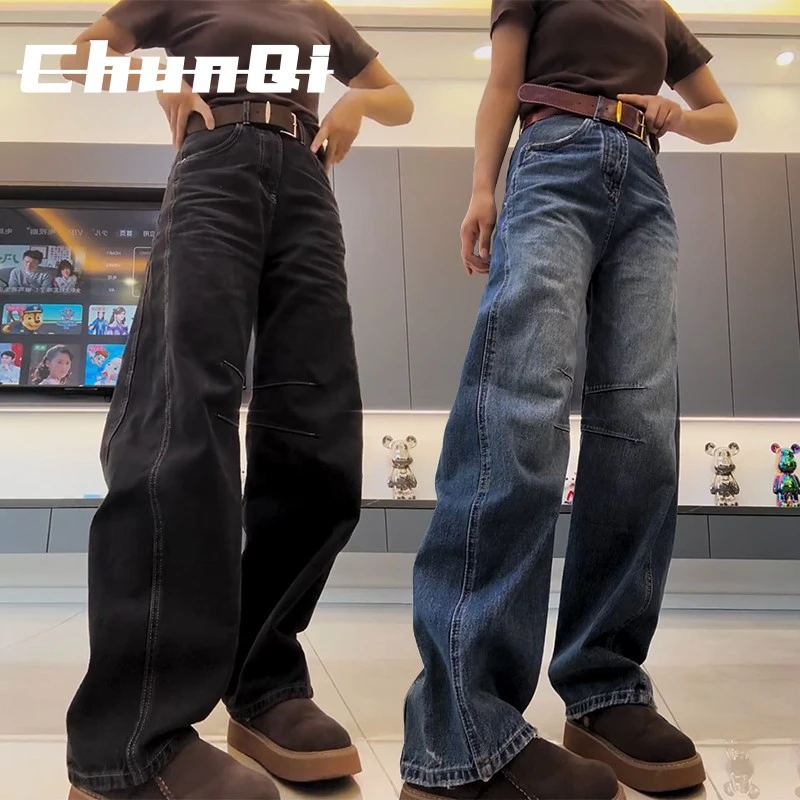 淳启大码加绒阔腿牛仔裤女秋冬季新款胖mm显瘦直筒梨型身材裤子潮