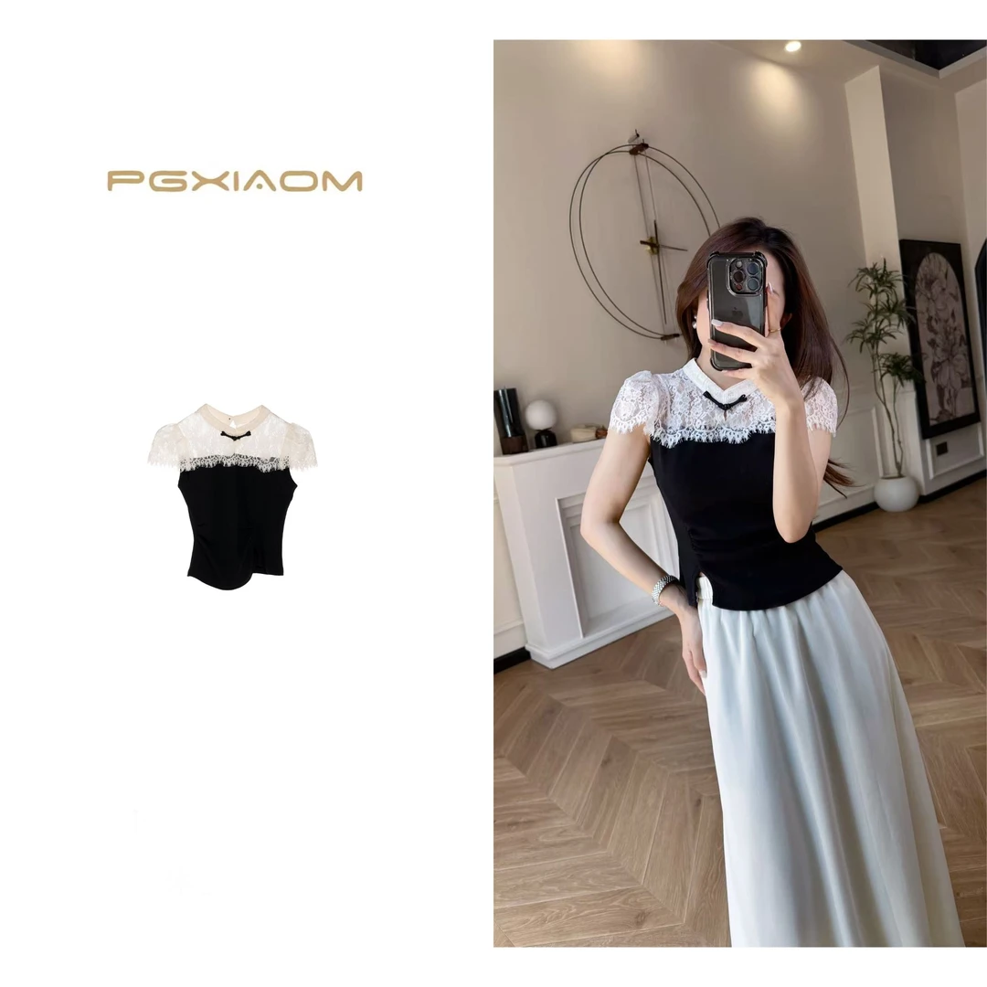 【PGXIAOM】润秀定制黑色新中式蕾丝镂空小上衣SY10076