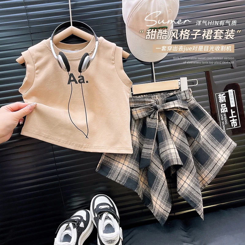 韩韩良品女童甜酷风棉质套装2024夏季新款背心格子裙两件套AXA585