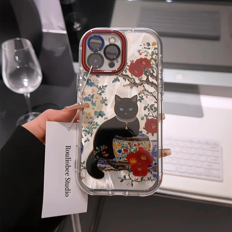 BANCA水墨花朵猫咪适用苹果16/15promax羽纱泡芙手机壳13/14/12套