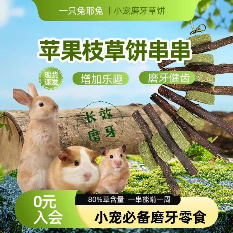 兔子磨牙提摩西草饼苹果枝串串小宠兔子龙猫仓鼠荷兰猪磨牙棒零食