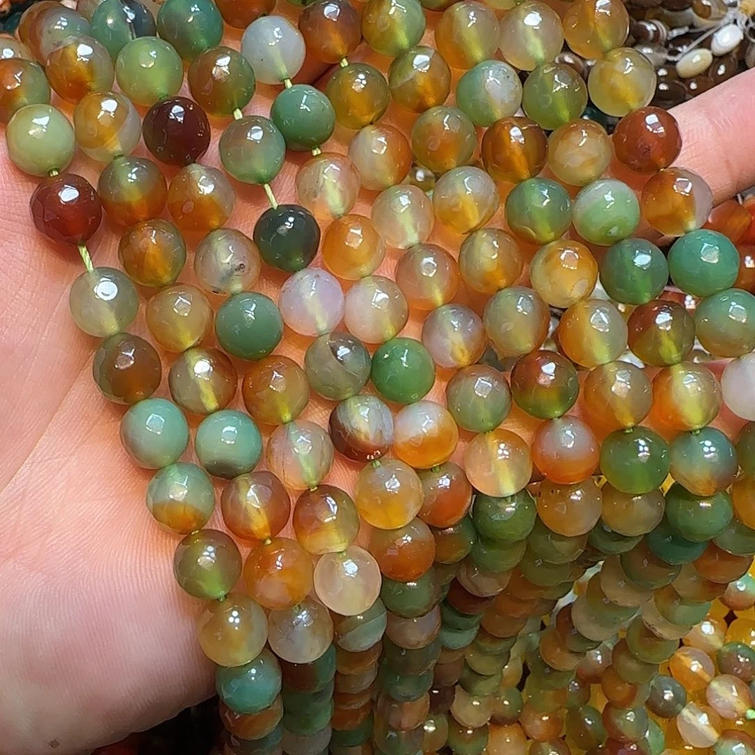 玛瑙/玉髓未镶嵌珠宝半成品绿孔雀刻面一条10mmm