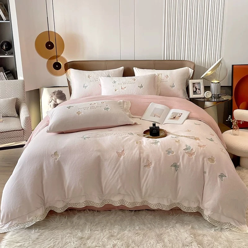 公主风牛奶绒高端绣花四件套加绒韩版蝴蝶套件
