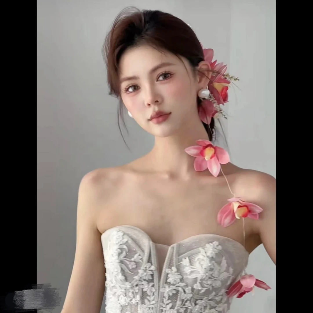 新娘头饰爆款鲜花造型仿真花 粉色 绿色百搭色款