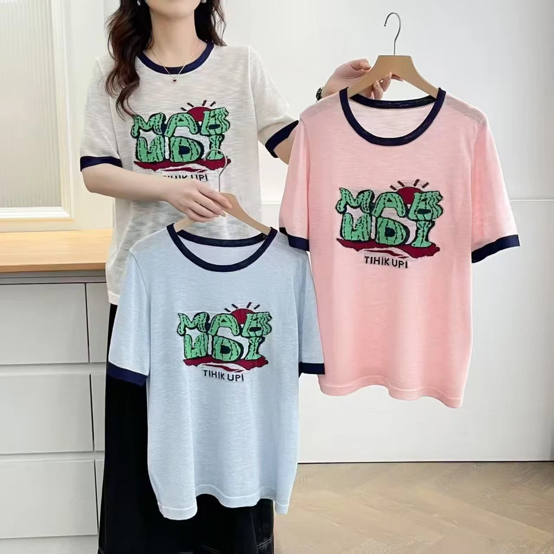 夏2025大码女装新款字母刺绣小衫减龄显瘦撞色时尚百搭上衣