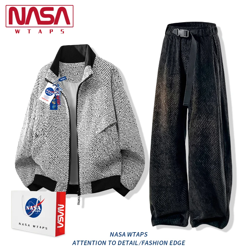 NASA WTAPS美式满天星条纹夹克套装男款春秋季宽松休闲长裤两件套