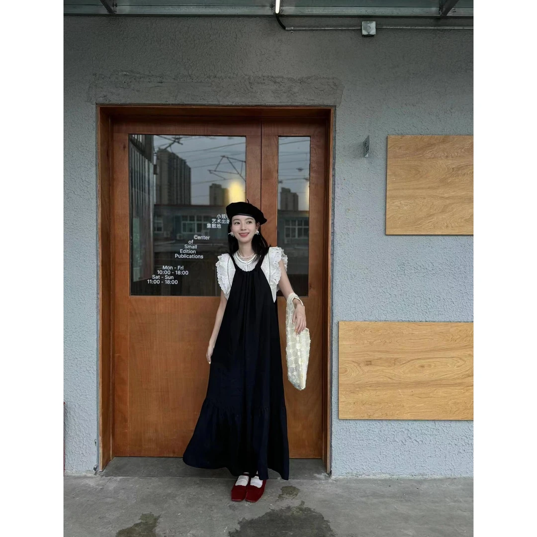 法式2025新款吊带裙无袖荷叶边蕾丝飞飞袖拼接白色衬衫上衣夏季女