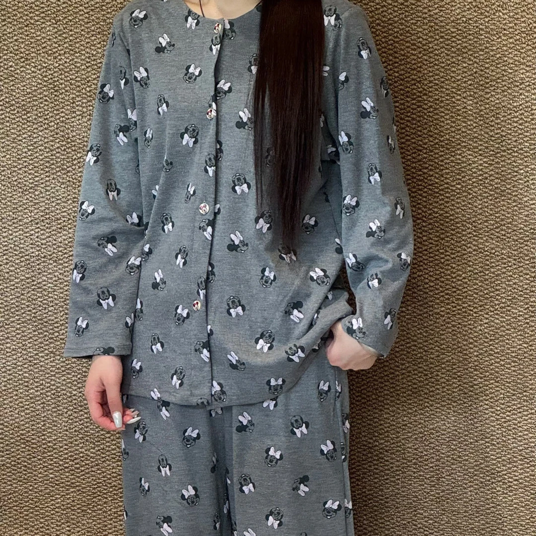 春秋新款宽松纯棉米奇家居服长袖女款2026睡衣长裤套装可外穿外出