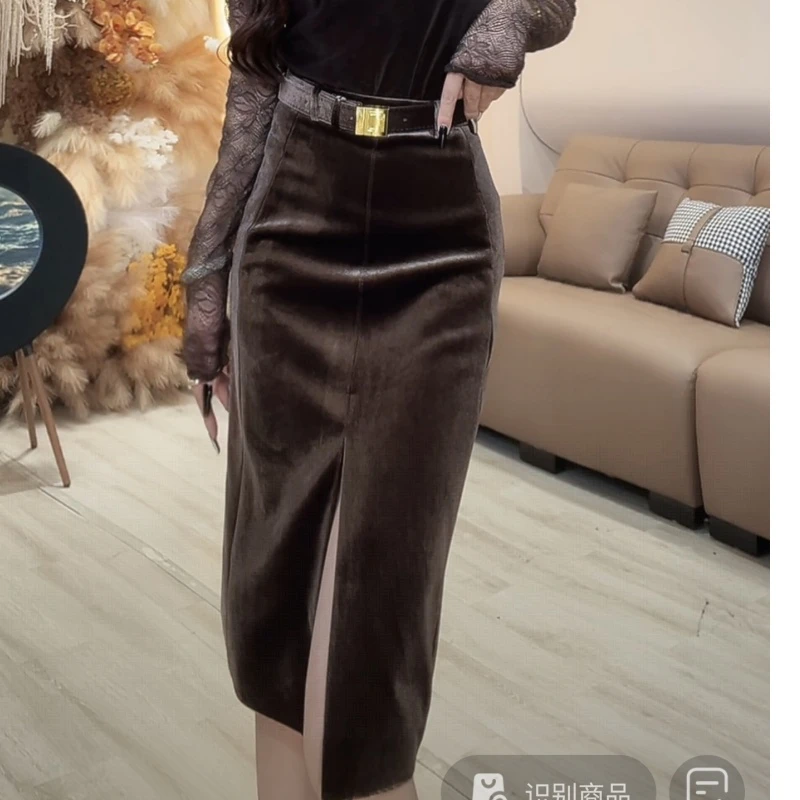【YING FASHION】莹老板-时尚气质百搭腰带丝绒半裙 8020856 444