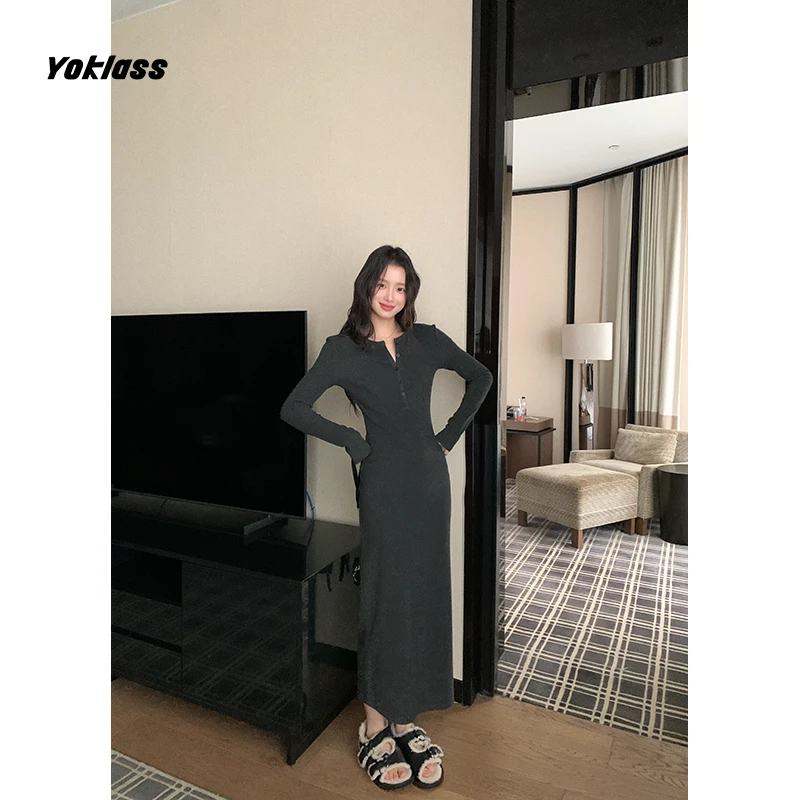 YOKLASS少女家  灰色修身显瘦圆领针织秋冬长袖连衣裙子L37971S53