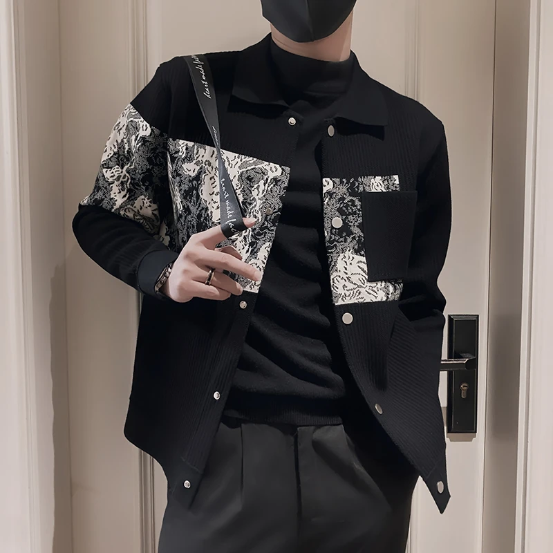 新中式复古翻领针织开衫外套男款2025新款爆款设计感拼接毛衣外套