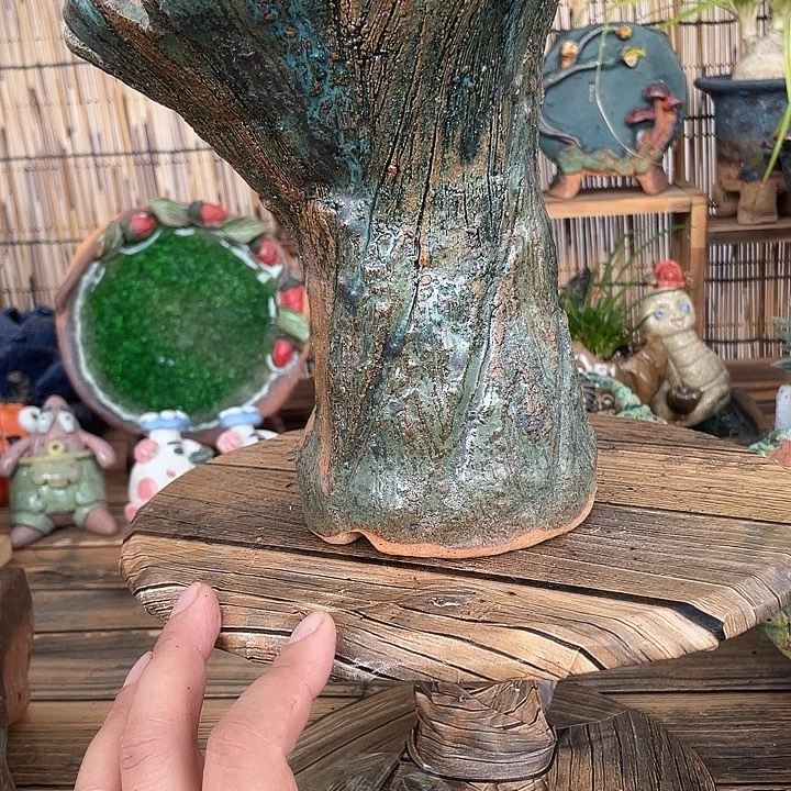 手工粗陶高温釉下彩花盆