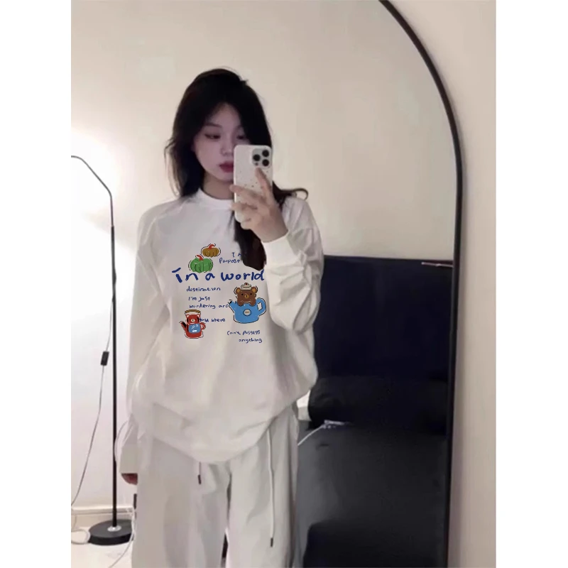 纯棉圆领束口长袖t恤女秋季新款韩版时尚宽松大码洋气打底衫上衣