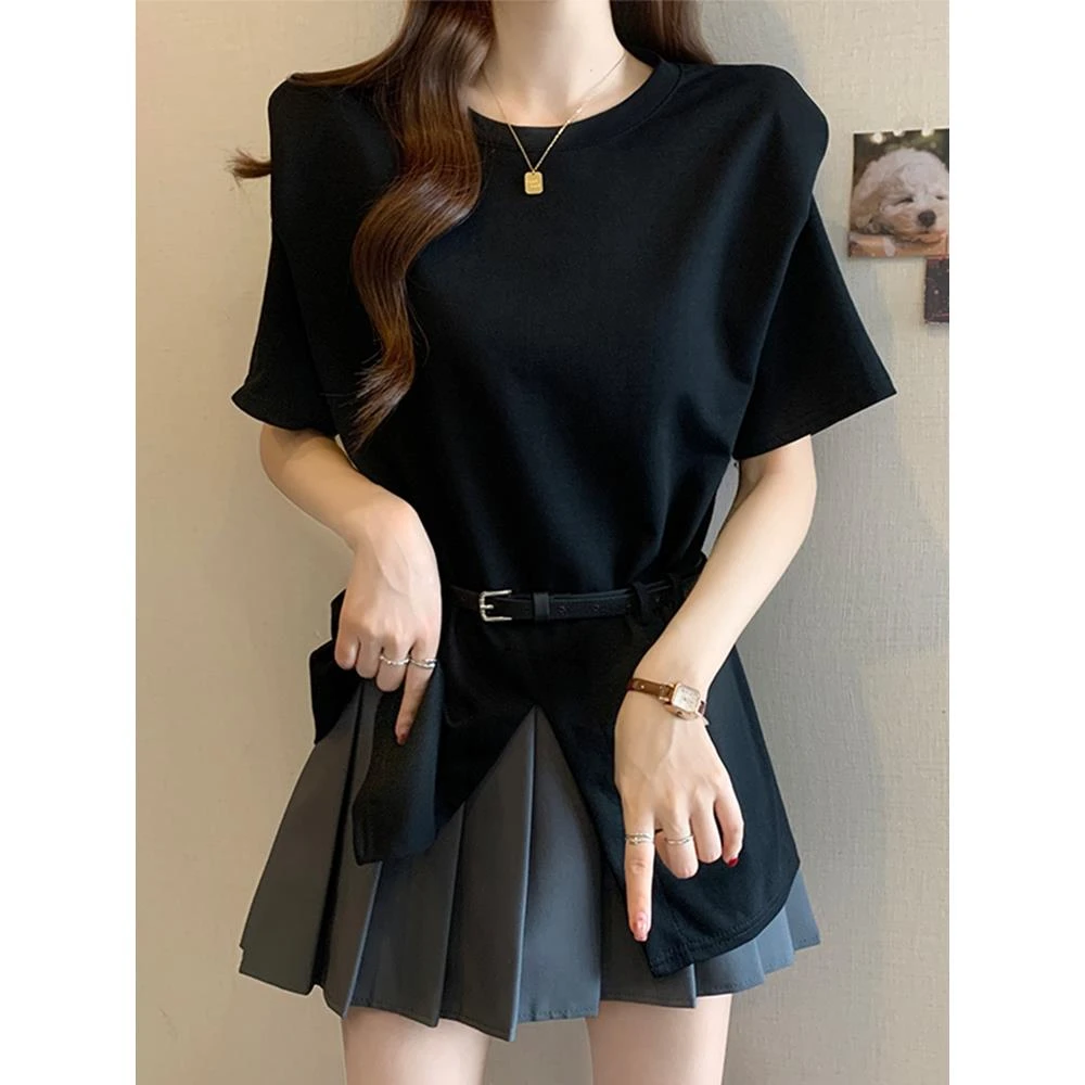 大码遮肚子设计感开叉正肩短袖T恤女夏季胖妹妹收腰别致显瘦上衣
