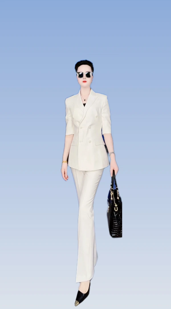 【白衣哥】新款夏天白色中袖双排扣喇叭裤职业套装