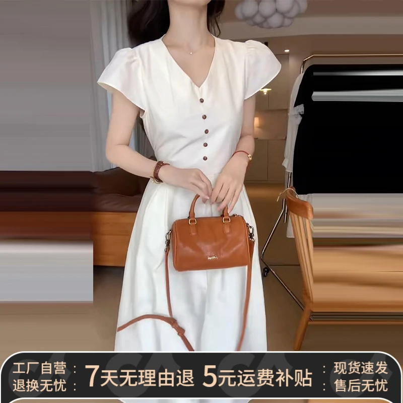 法式气质白色v领泡泡袖连衣裙子女夏季2025年高级感显瘦长裙4161