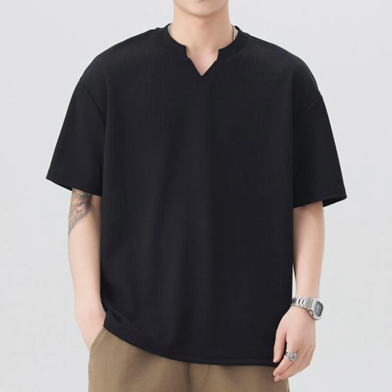 V领短袖t恤男夏季2025新款冰丝高级感坑条半袖打底衫纯色宽松上衣