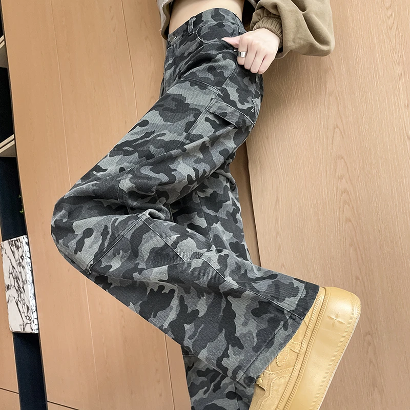 美式迷彩工装裤女秋季高腰慵懒风垂感阔腿牛仔裤小个子直筒休闲裤