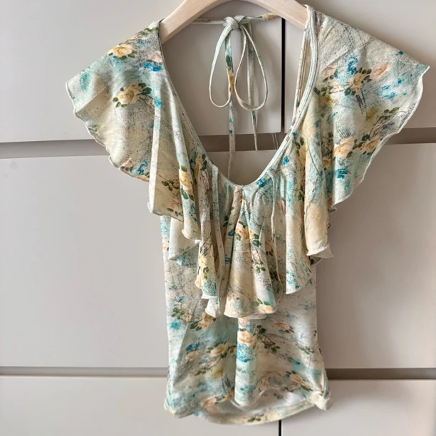 JiuMi Studio设计师款水墨晕染 油画 荷叶边围领挂脖背心