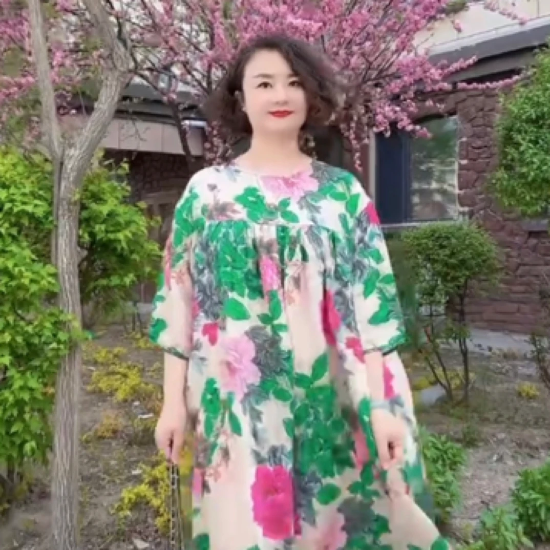 冰麻大花欧货连衣裙