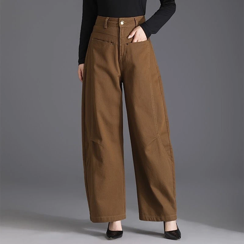 卡其色阔腿牛仔裤女2025春秋新款设计感显瘦宽松高腰百搭休闲裤子