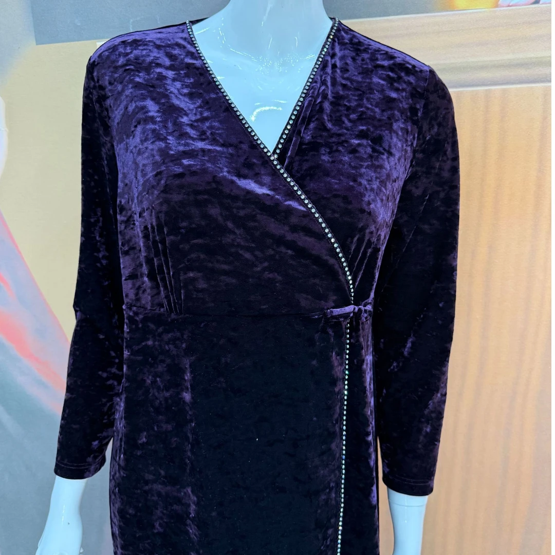 秀巧专柜高端丝绒斜襟流苏钻链V领礼服裙30241款