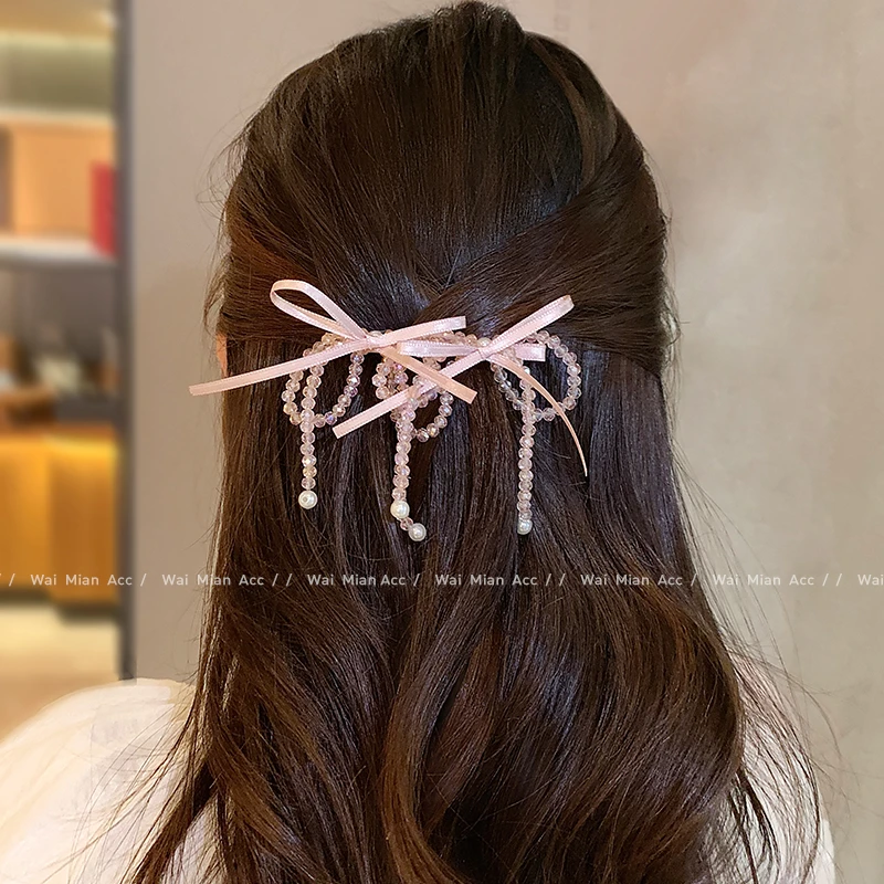 2025新款轻奢水晶蝴蝶结流苏鸭嘴夹头饰女时尚百搭侧边夹网红发夹