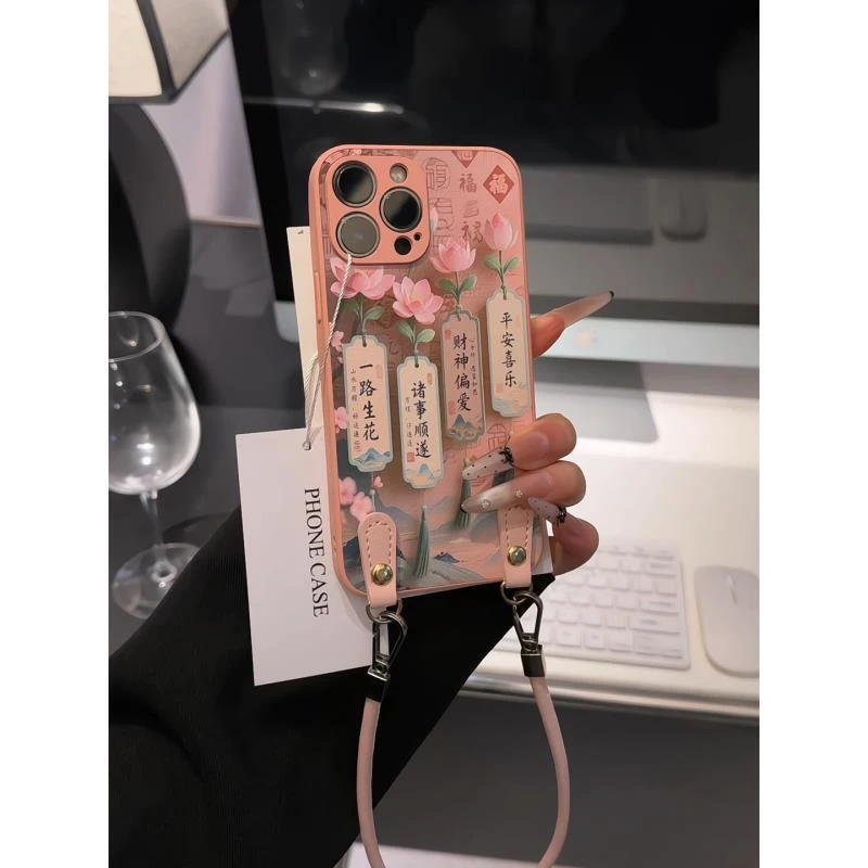 荷花祈愿符适用苹果16pro手机壳iPhone15肤感华为p80皮革oppo荣耀