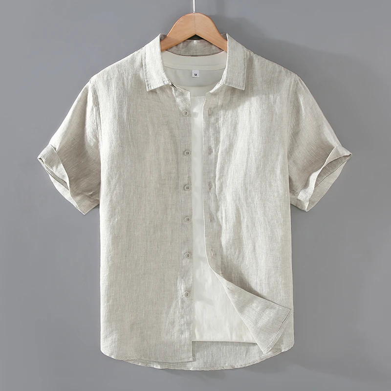 纯亚麻大码男装薄款短袖老钱风纯色衬衫夏季宽松男士亚麻衬衣G195