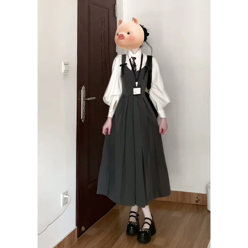 2025秋季新款韩系穿搭翻领长袖衬衫上衣气质收腰蝴蝶结背带连衣裙