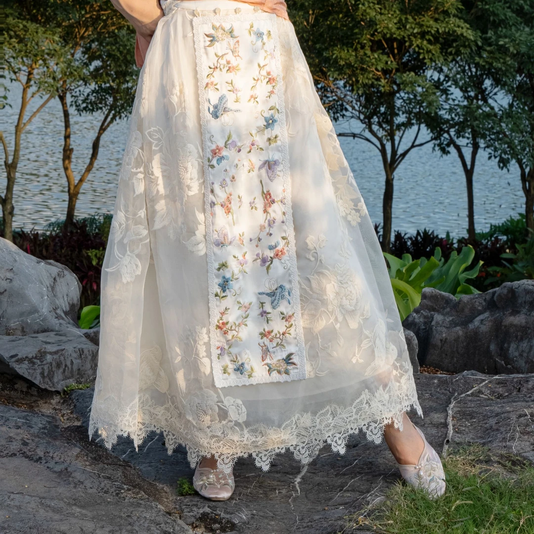 [浮笙] 新款网红唯美仙气刺绣重工刺绣花桑蚕丝高腰裙半身裙