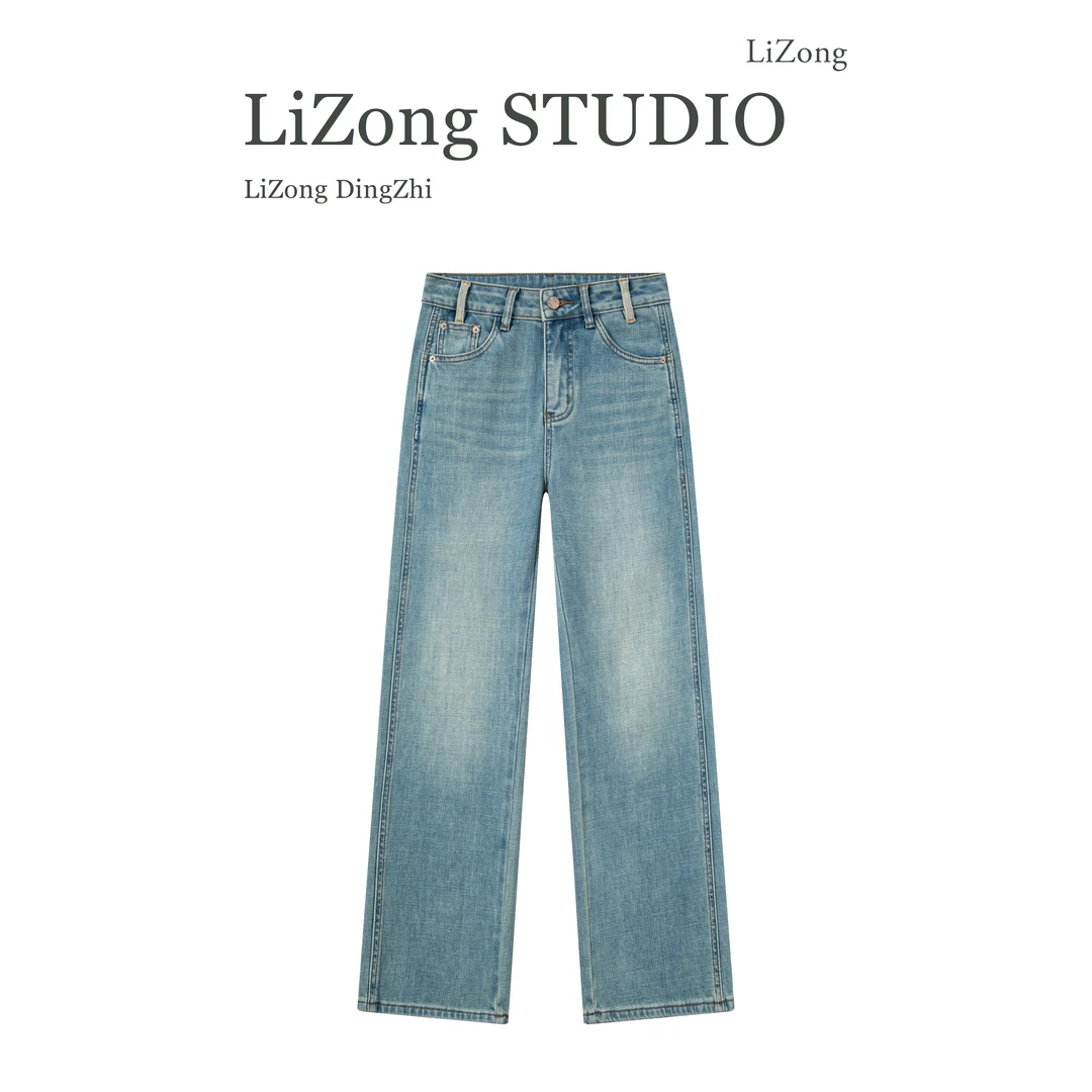 PF-7237蓝色牛仔裤女新款窄版直筒裤大码mm显瘦修身显腿直