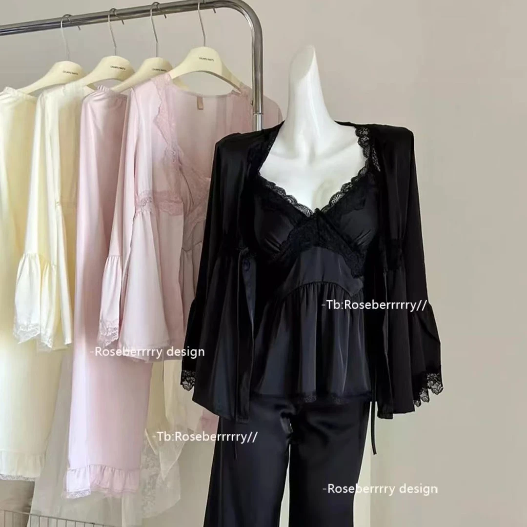 Baldauren【赵露思同款】春秋款睡衣女冰丝长冰丝睡衣胸垫长袖长裤