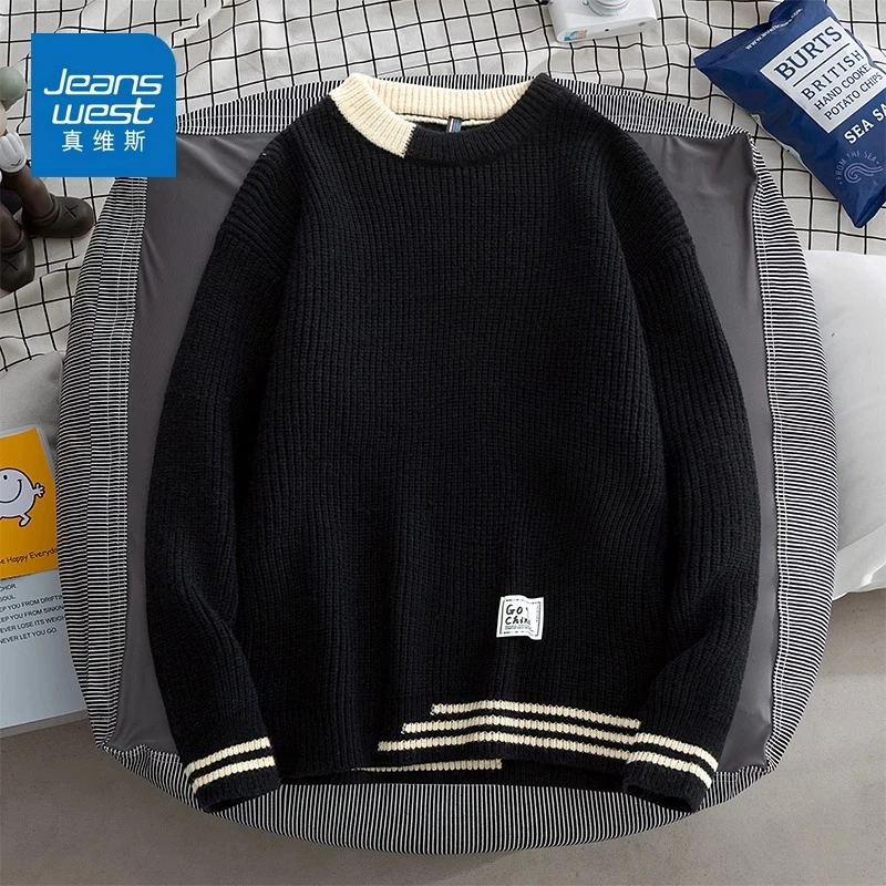 Jeanswest/真维斯男士潮流撞色针织衫秋冬季宽松保暖百搭休闲毛衣
